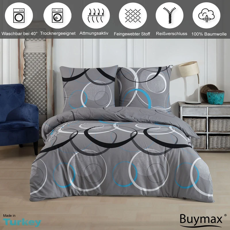 Renforcé Bettwäsche "Wave-Grey", 100% Baumwolle, Reißverschluss, 80x80 cm Kissenbezug
