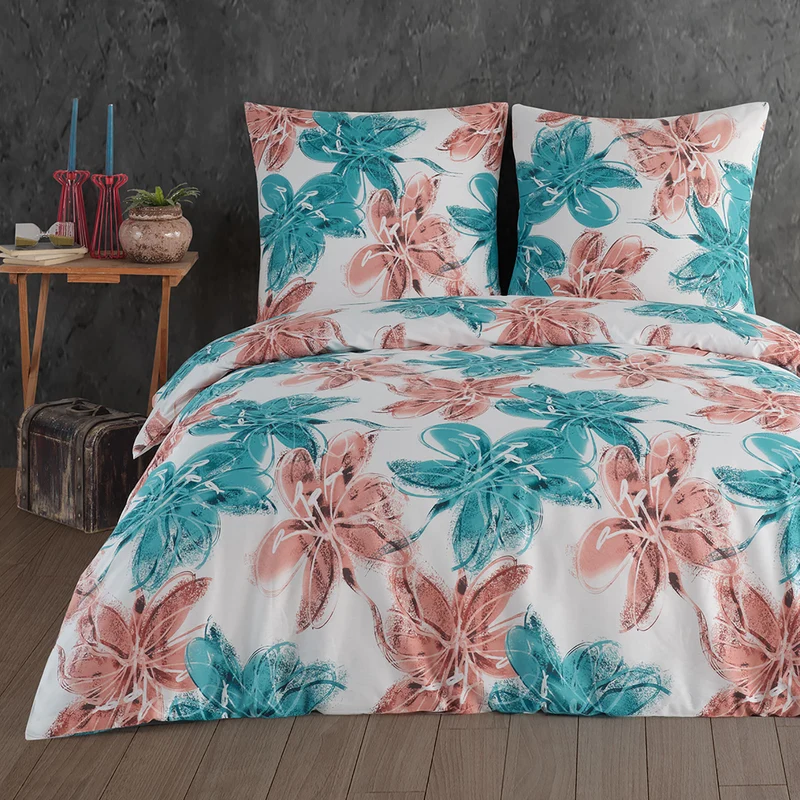 Renforcé Bettwäsche Set "Trendy", Blumen, 100% Baumwolle, Reißverschluss, 80x80 cm Kissenbezug