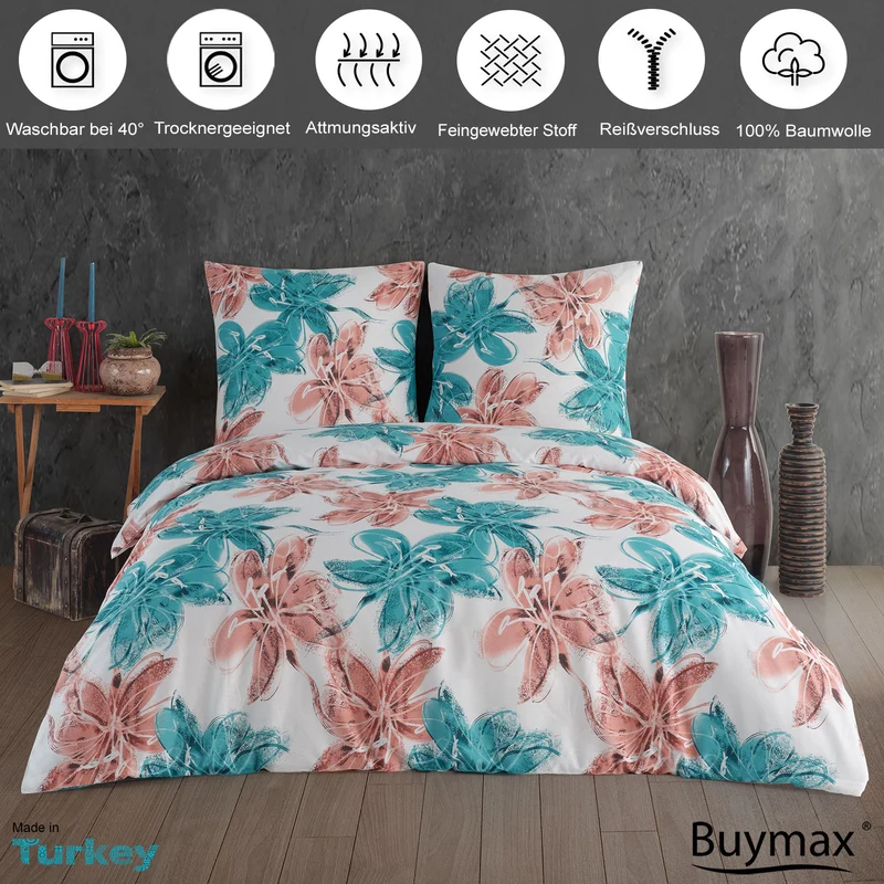 Renforcé Bettwäsche Set "Trendy", Blumen, 100% Baumwolle, Reißverschluss, 80x80 cm Kissenbezug