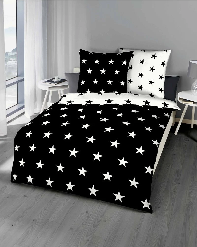 Kaeppel Mako Satin Wende Bettwäsche Sterne Stars Schwarz Weiss