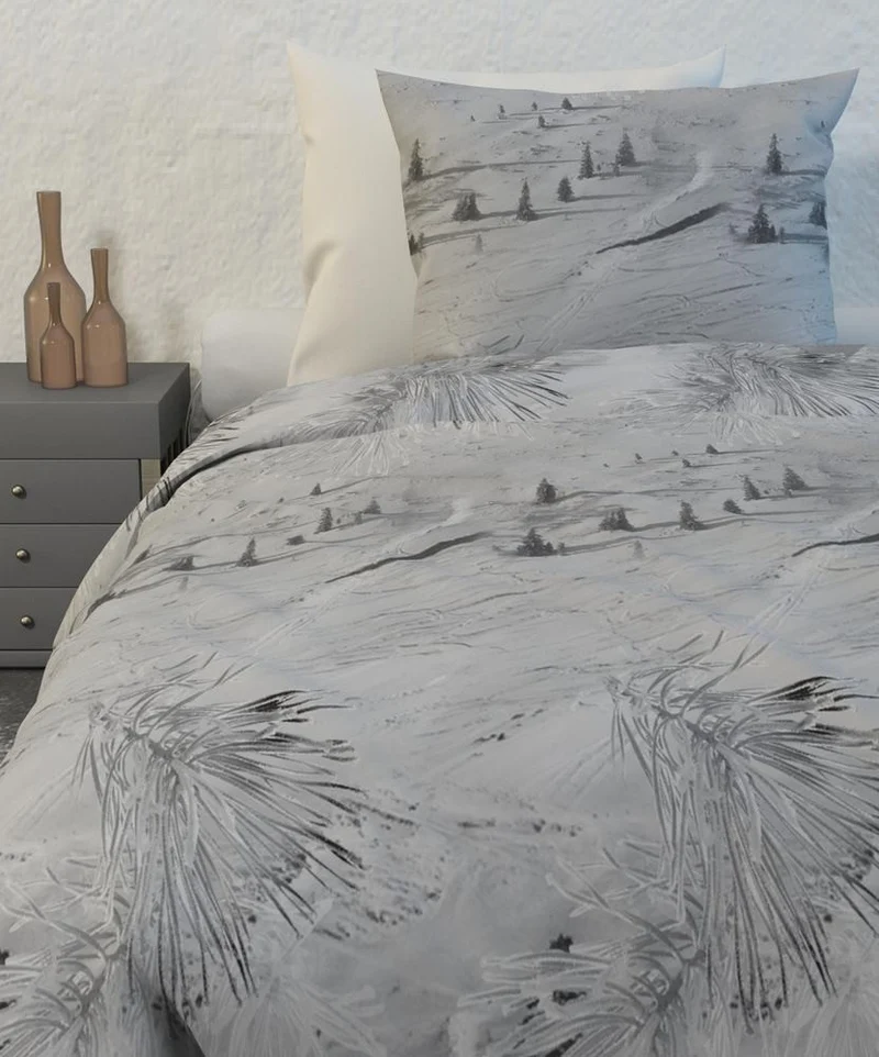 HnL Flanell Bettwäsche Winterlandschaft Frost 135x200 cm + 80x80 cm Grau