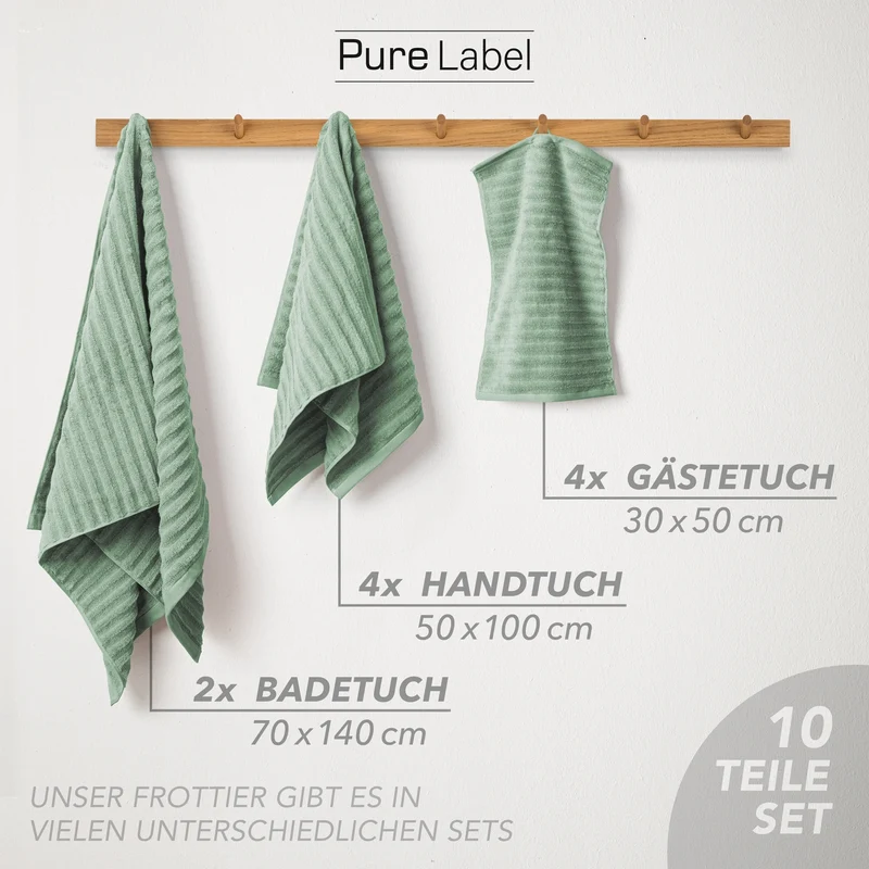 Handtuch Sets "Waves" - Salbeigrün - 4x30x50 + 4x50x100 + 2x70x140 cm
