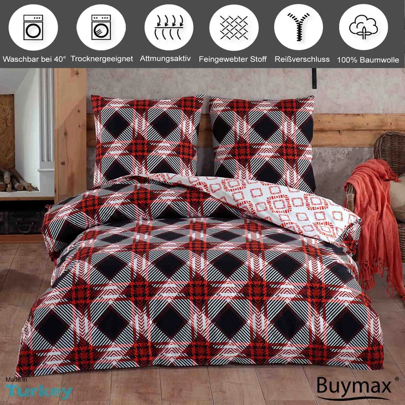 Biber Bettwäsche Set "Holiday", kariert, 100% Baumwolle, Reißverschluss, 80x80 cm Kissenbezug