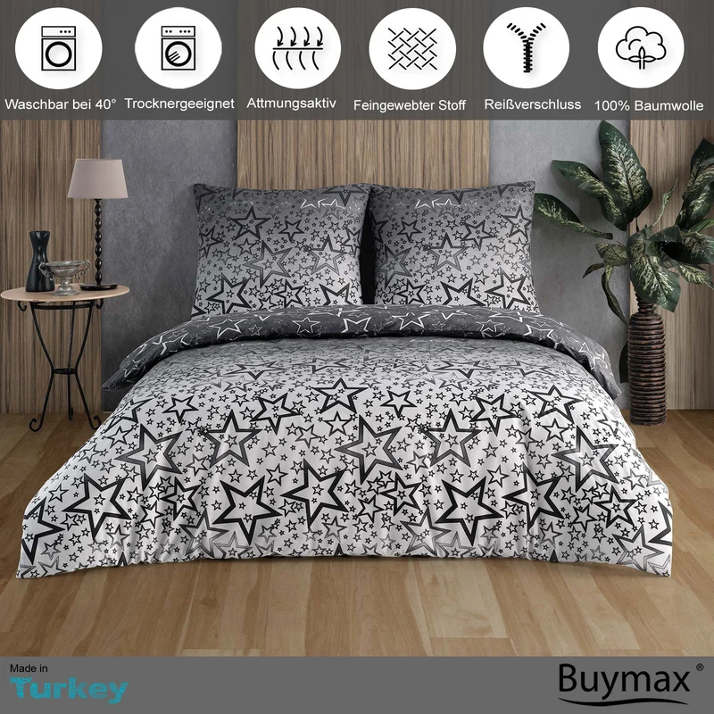 Renforcé Bettwäsche "Miracle Schwarz", 100% Baumwolle, Sterne, 80x80 Kissenbezug