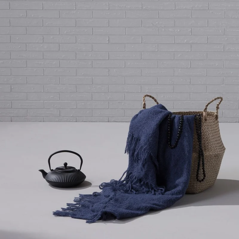 damai Alpaka Baumwolle Kuscheldecke Uni Blau Loft