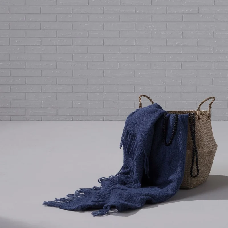 damai Alpaka Baumwolle Kuscheldecke Uni Blau Loft