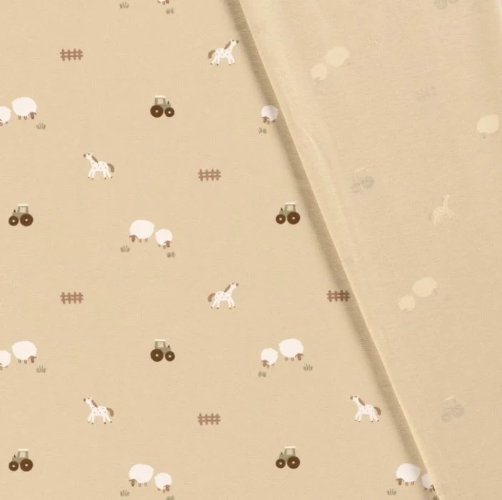 Baumwolljersey Bauernhof beige *Ab 50cm