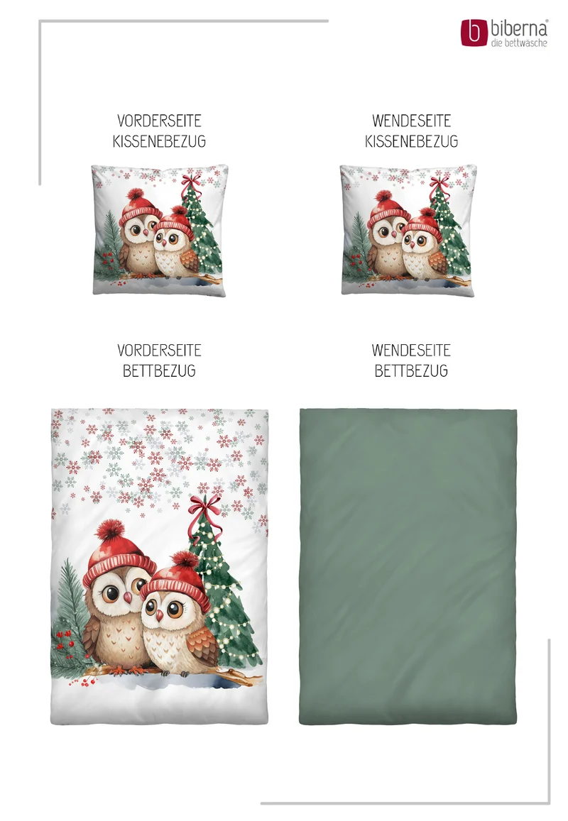 biberna Feinbiber Weihnachtsbettwäsche Eulen – Tanne (0347259)