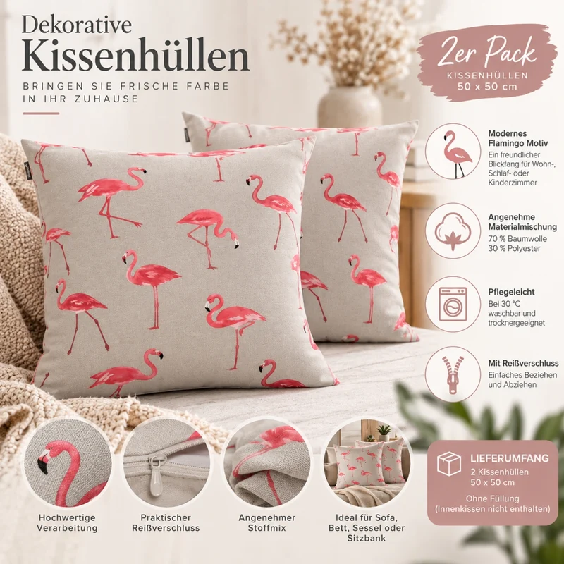 Flamingo Kissenhülle 2er Pack 50x50 cm Baumwollmischung Kissenbezug-grau