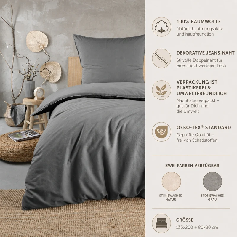 pure hug Renforcé-Bettwäsche Washed Cotton 100 % Baumwolle – 135x200 + 80x80 cm