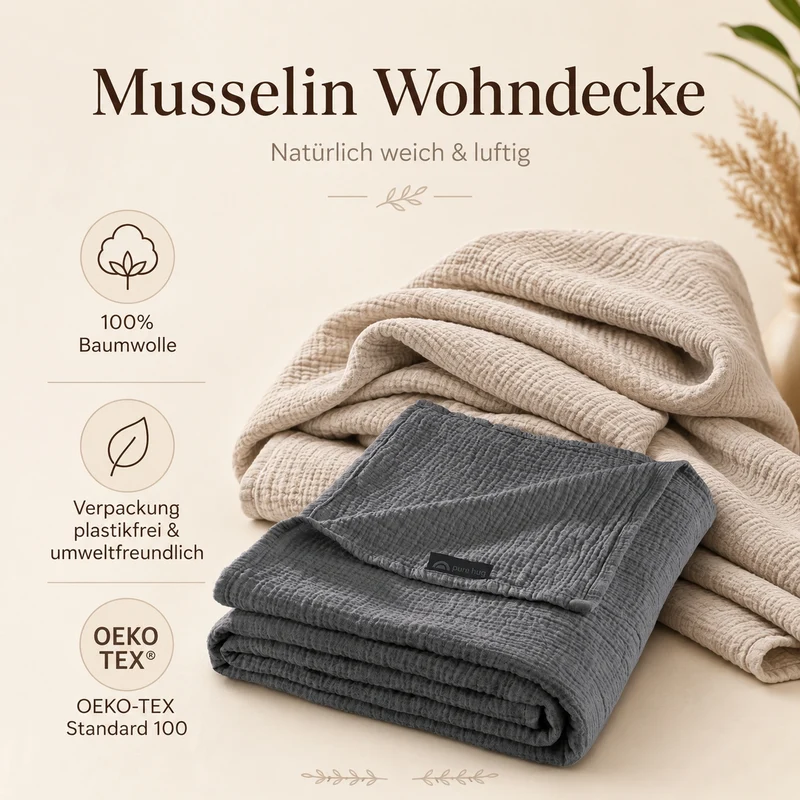 Wohndecke Musselin "pure hug", 100% Baumwolle, 150x200 cm, versch. Farben