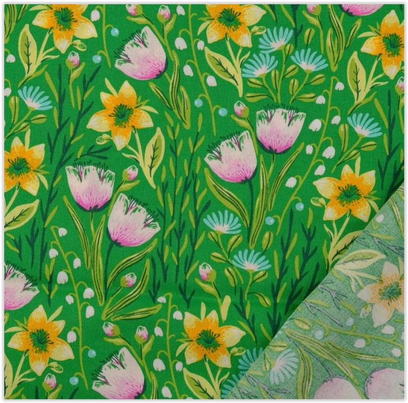Baumwolldruck Osterblumen grün *Ab 25 cm