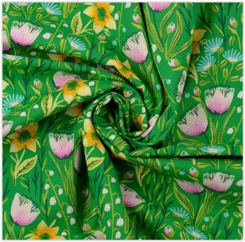 Baumwolldruck Osterblumen grün *Ab 25 cm