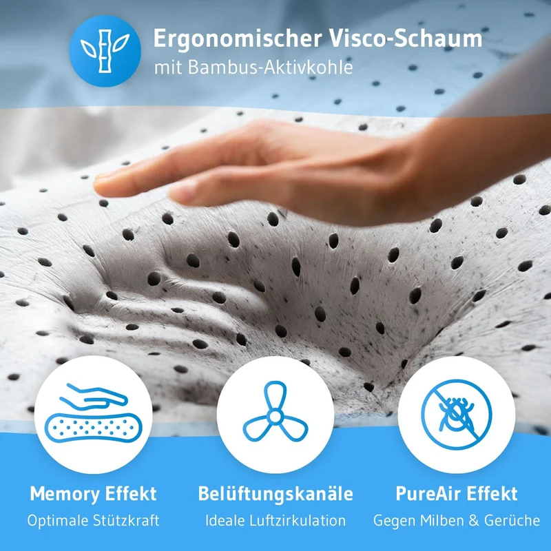 NuMOON QuickDry Nackenstützkissen mit Bambus-Aktivkohle aus Visco Schaum