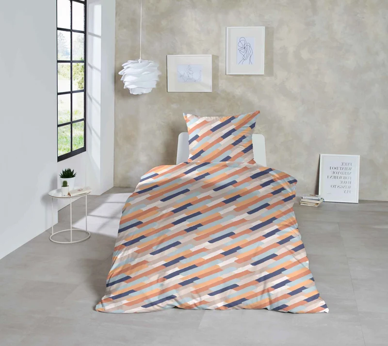 Hahn Feinbiber Bettwäsche Striche Orange Blau