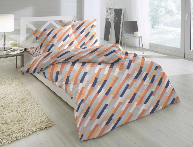 Hahn Feinbiber Bettwäsche Striche Orange Blau