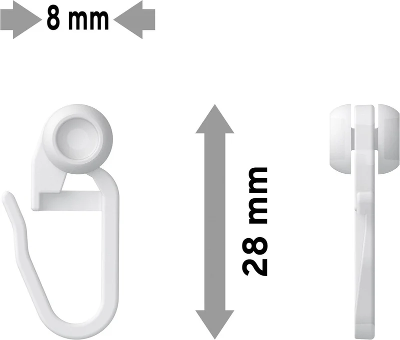 Innenlaufrollen mit Faltenlegehaken aus Kunststoff für Gardinenschienen (Packung mit 100 Stück)