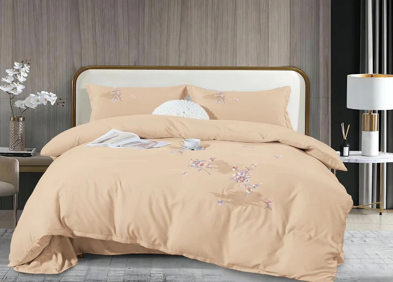 4-teiliges besticktes Bettwäsche-Set aus doppelt gewebter Feinbiber-Baumwolle Beige