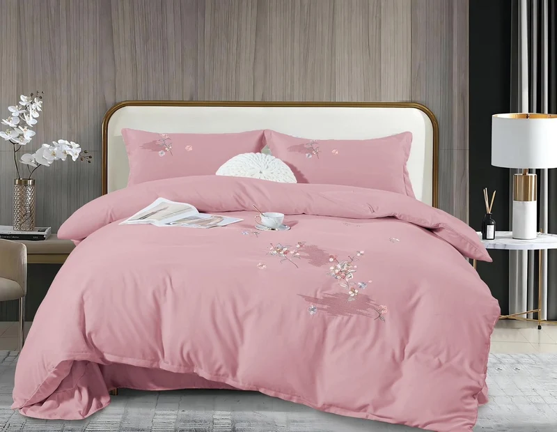 4-teiliges besticktes Bettwäsche-Set aus doppelt gewebter Feinbiber-Baumwolle Rose