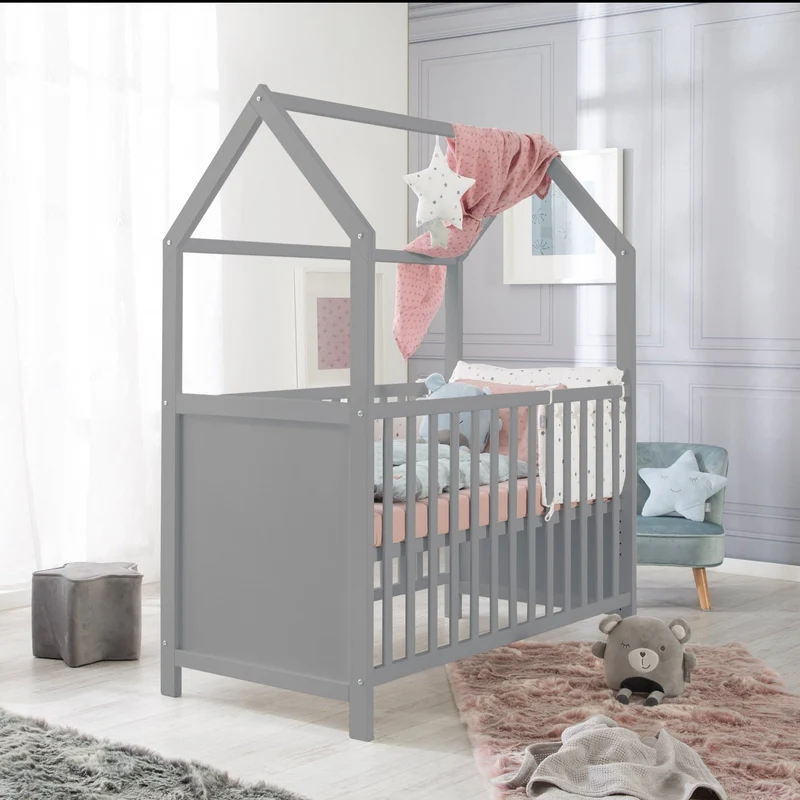 Hausbett 6-fach verstellbar inkl. passender Wickelplatte - in Taupe