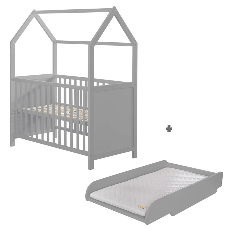Hausbett 6-fach verstellbar inkl. passender Wickelplatte - in Taupe