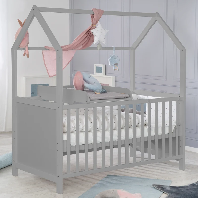 Hausbett 6-fach verstellbar inkl. passender Wickelplatte - in Taupe