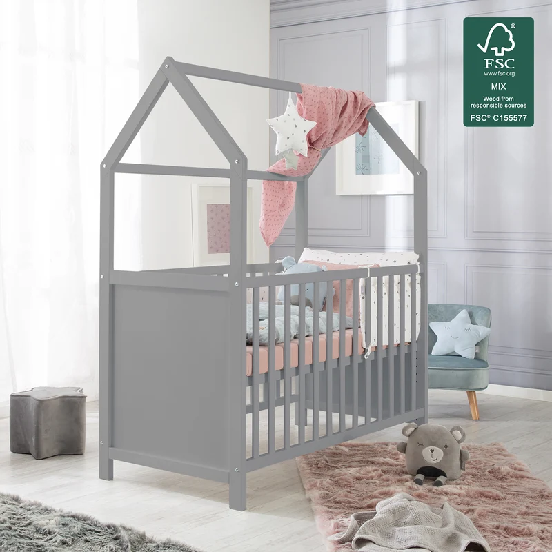 Hausbett 6-fach verstellbar inkl. passender Wickelplatte - in Taupe