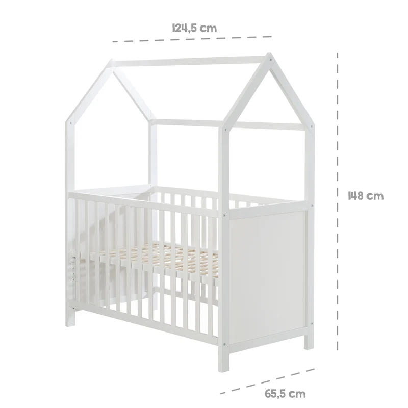 Hausbett 6-fach verstellbar inkl. passender Wickelplatte - in Weiß