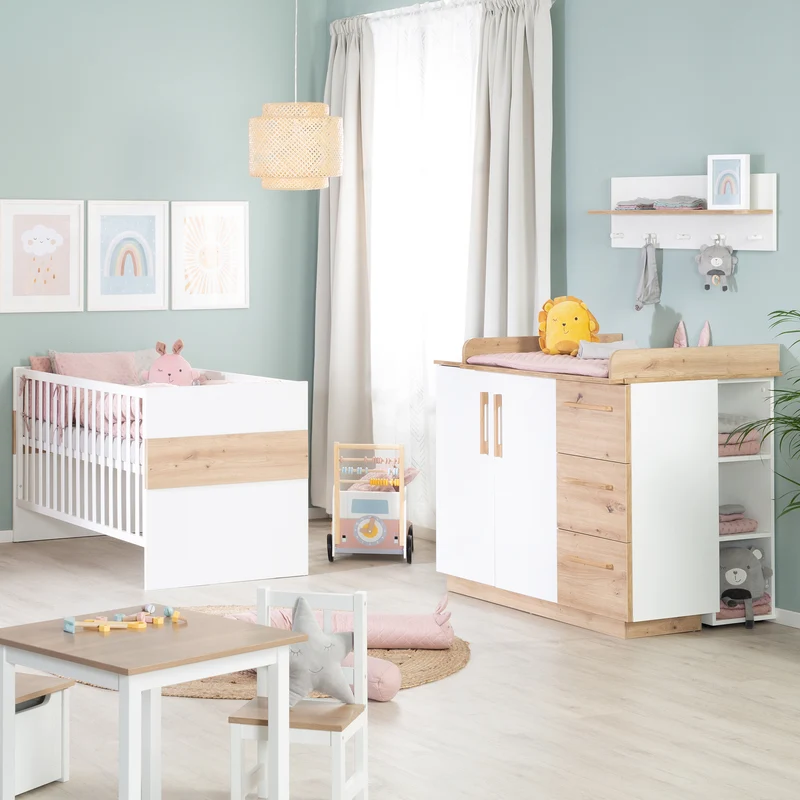 Kombi-Kinderbett Lion - Babybett umbaubar zum Juniorbett / 3-fach höhenverstellbar / 3 Schlupfsprossen - in Weiß