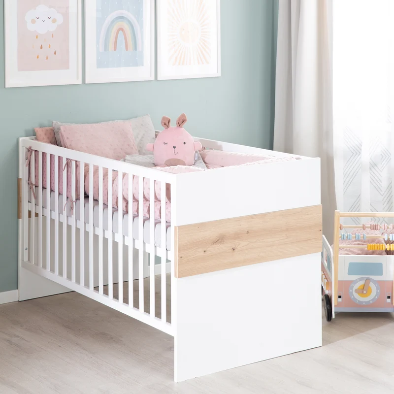 Kombi-Kinderbett Lion - Babybett umbaubar zum Juniorbett / 3-fach höhenverstellbar / 3 Schlupfsprossen - in Weiß