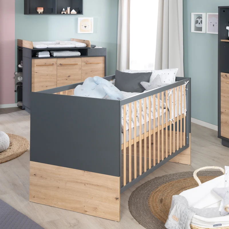 Kombi-Kinderbett Lenn - Babybett umbaubar zum Juniorbett / 3-fach höhenverstellbar / 3 Schlupfsprossen - in Anthrazit