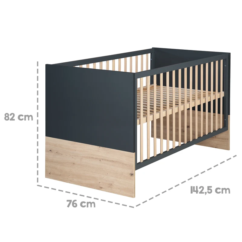 Kombi-Kinderbett Lenn - Babybett umbaubar zum Juniorbett / 3-fach höhenverstellbar / 3 Schlupfsprossen - in Anthrazit