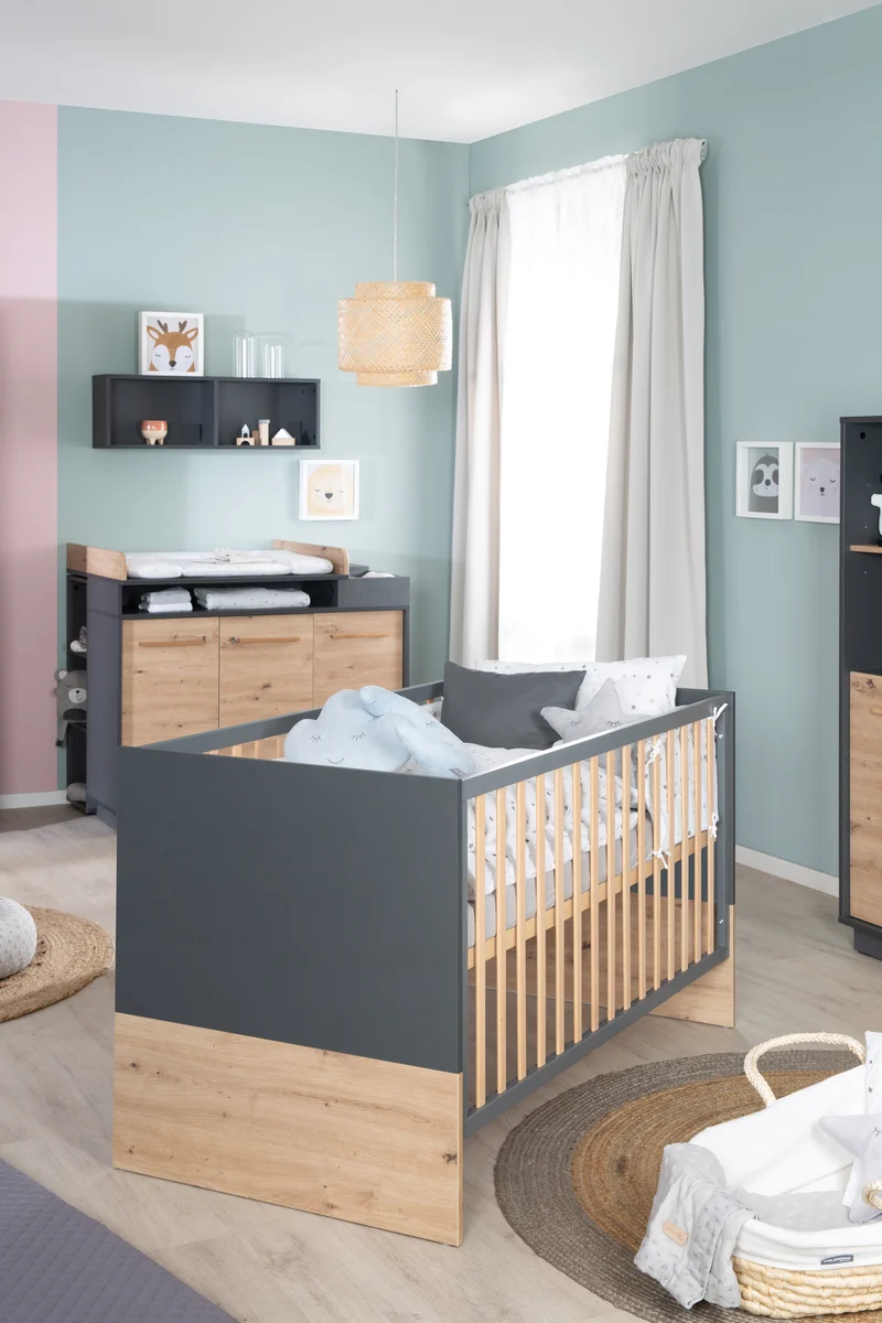 Kombi-Kinderbett Lenn - Babybett umbaubar zum Juniorbett / 3-fach höhenverstellbar / 3 Schlupfsprossen - in Anthrazit