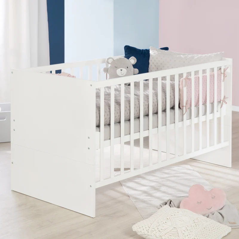 Kombi-Kinderbett Anton - Babybett umbaubar zum Juniorbett / 3-fach höhenverstellbar / 3 Schlupfsprossen - in Weiß