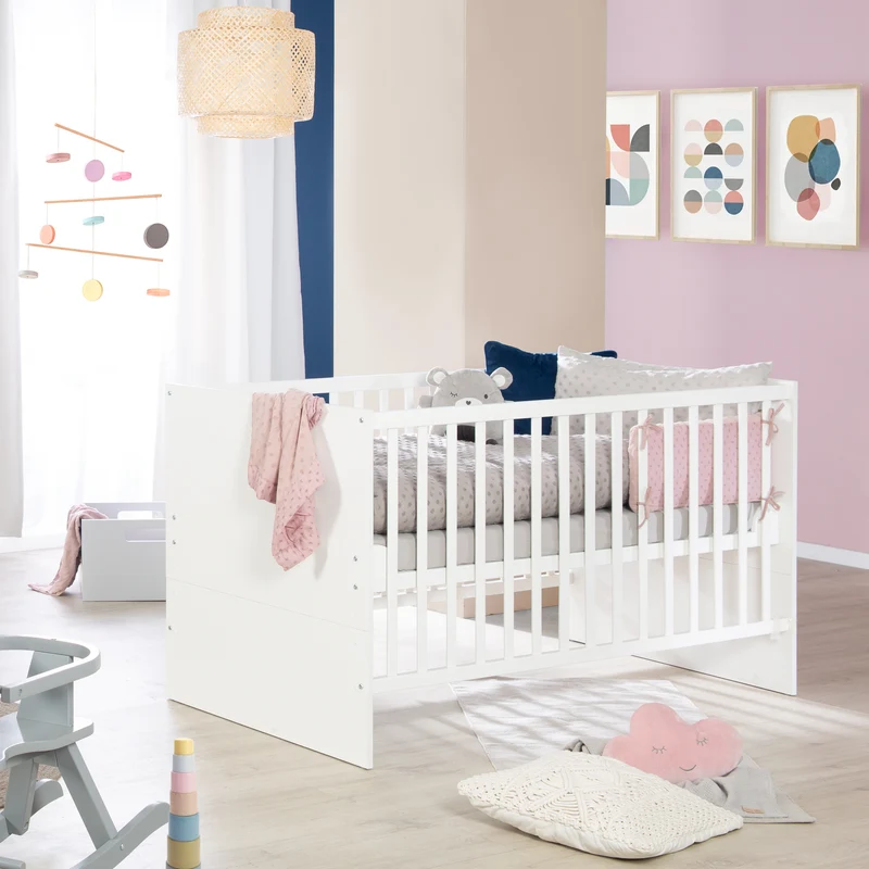 Kombi-Kinderbett Anton - Babybett umbaubar zum Juniorbett / 3-fach höhenverstellbar / 3 Schlupfsprossen - in Weiß