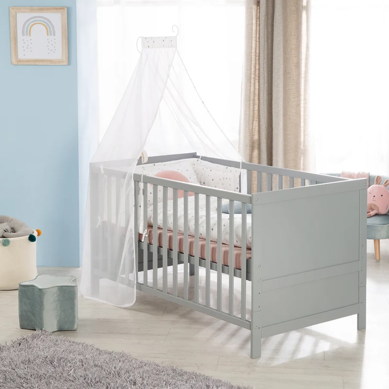Kombi Kinderbett - 3-fach höhenverstellbar / 3 Schlupfsprossen / umbaubar zum Juniorbett - in Taupe