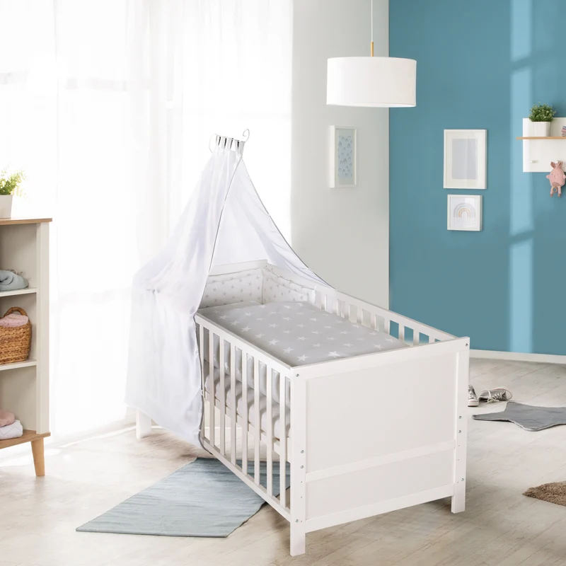 Komplettbettset Sterne grau / Matratze / Nest / Himmel und Stange - in Weiß
