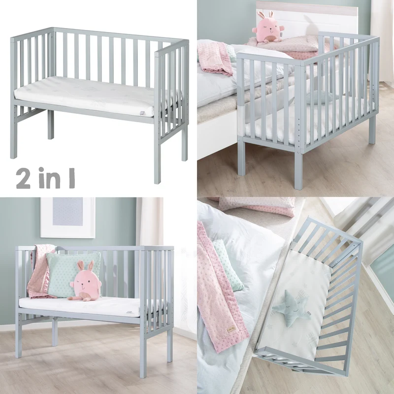 Beistellbett "safe asleep® 2 in 1" - 45 x 90 cm, Anstellbett mit Matratze & Mesh Barriere, Höhenverstellbar, Holz taupe/grau