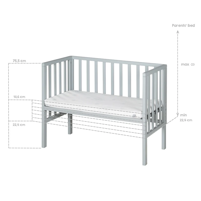 Beistellbett "safe asleep® 2 in 1" - 45 x 90 cm, Anstellbett mit Matratze & Mesh Barriere, Höhenverstellbar, Holz taupe/grau
