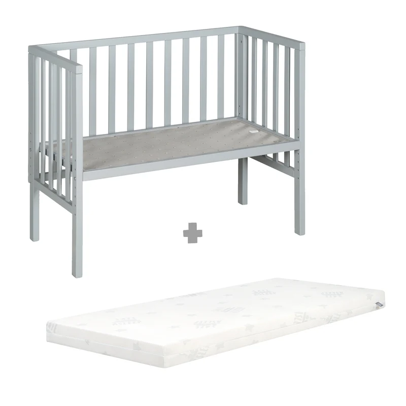 Beistellbett "safe asleep® 2 in 1" - 45 x 90 cm, Anstellbett mit Matratze & Mesh Barriere, Höhenverstellbar, Holz taupe/grau