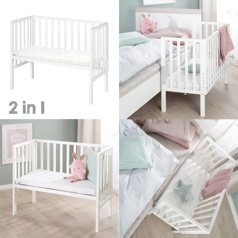 Beistellbett "safe asleep® 2 in 1" - 45 x 90 cm, Anstellbett mit Matratze & Mesh Barriere, Höhenverstellbar, Holzweiß