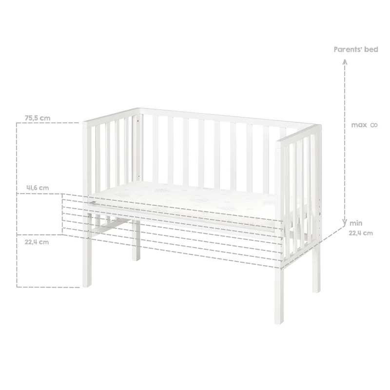 Beistellbett "safe asleep® 2 in 1" - 45 x 90 cm, Anstellbett mit Matratze & Mesh Barriere, Höhenverstellbar, Holzweiß