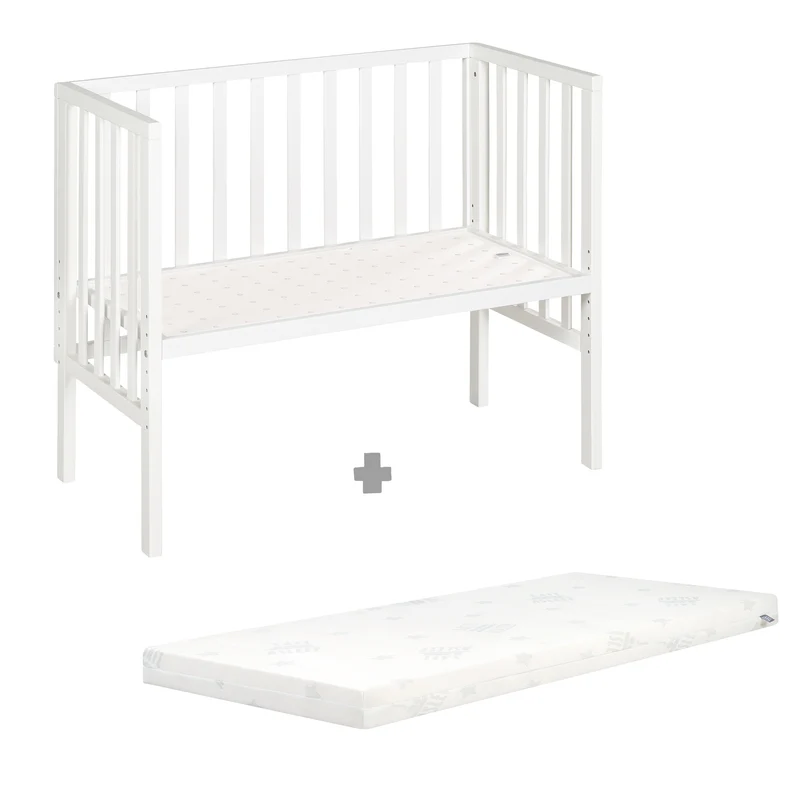 Beistellbett "safe asleep® 2 in 1" - 45 x 90 cm, Anstellbett mit Matratze & Mesh Barriere, Höhenverstellbar, Holzweiß