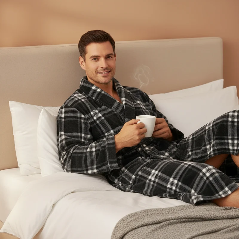 Herren-Fleece-Bademantel – Karomuster