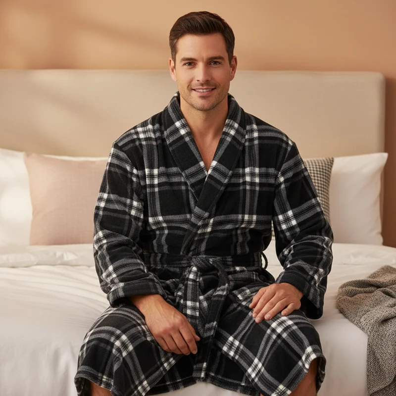 Herren-Fleece-Bademantel – Karomuster