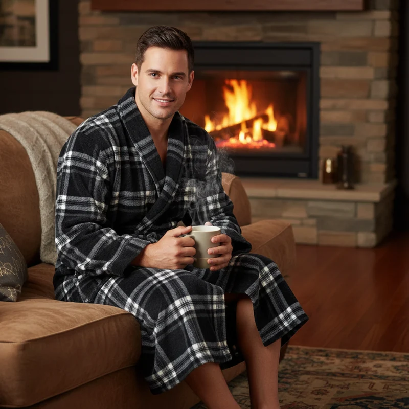 Herren-Fleece-Bademantel – Karomuster