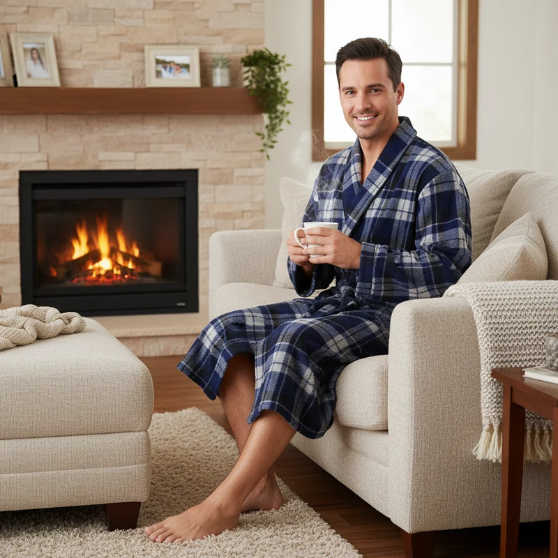 Herren-Fleece-Bademantel – Karomuster