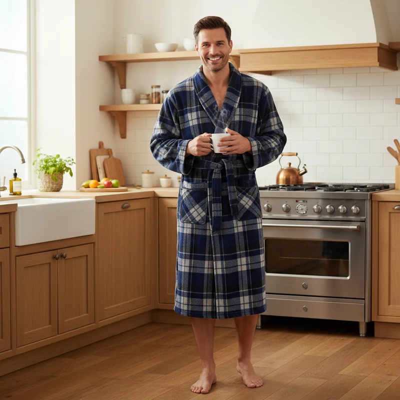 Herren-Fleece-Bademantel – Karomuster