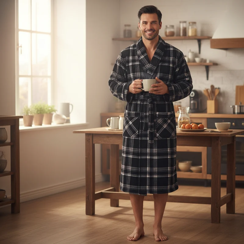 Herren-Fleece-Bademantel – Karomuster