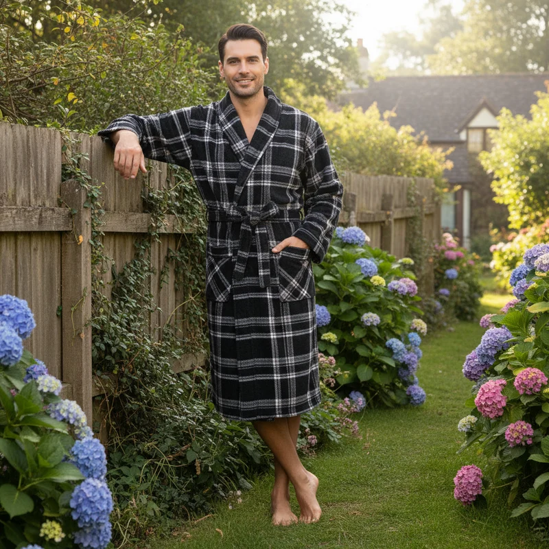 Herren-Fleece-Bademantel – Karomuster